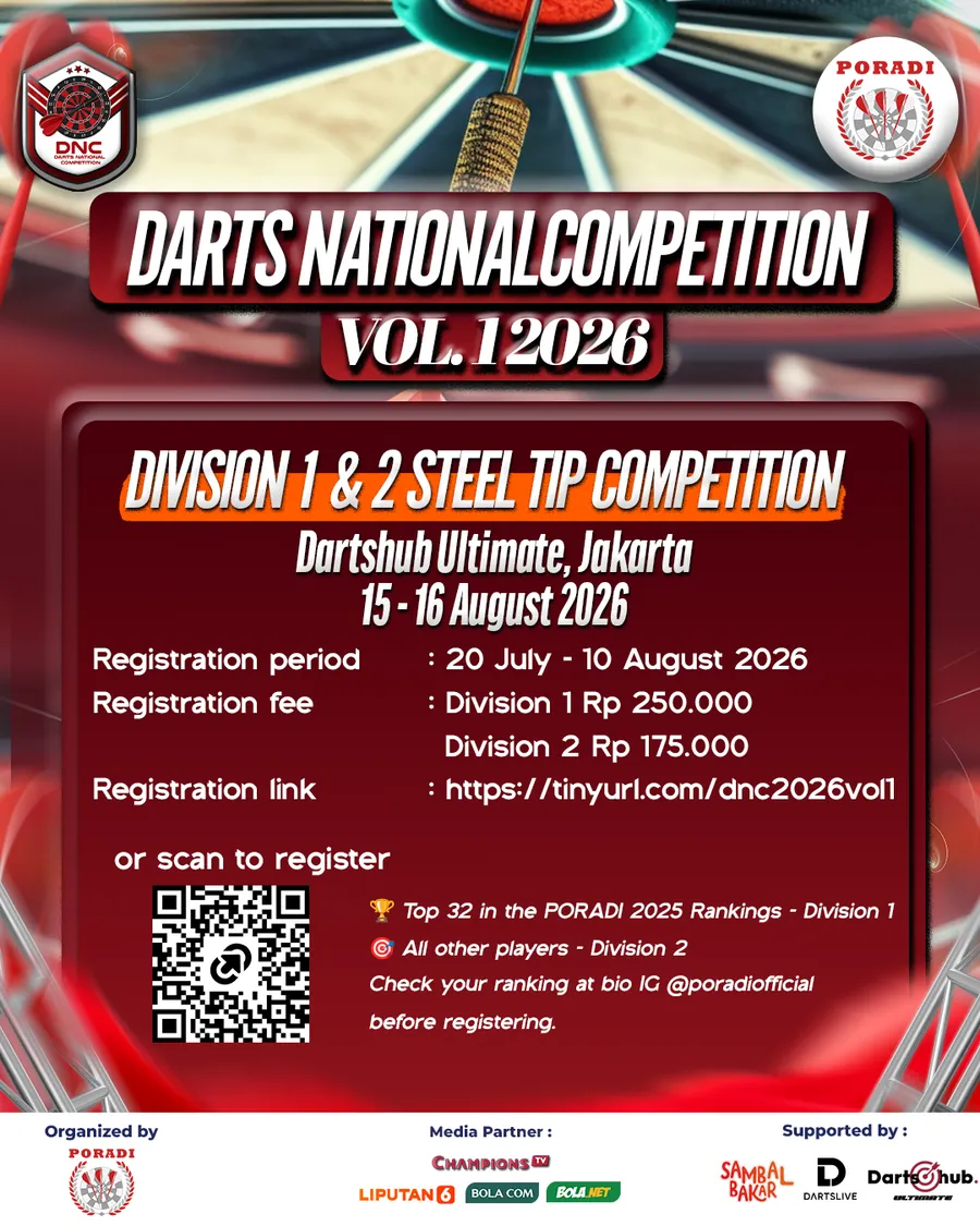 Poster Darts National Competition Vol. 1 2026, 15-16 Agustus 2026 di Dartshub Ultimate, Jakarta